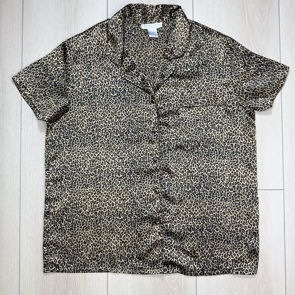 Morgan Taylor Leopard Satin Pajama Top Women M Button Shirtโ Sleepwear Animal